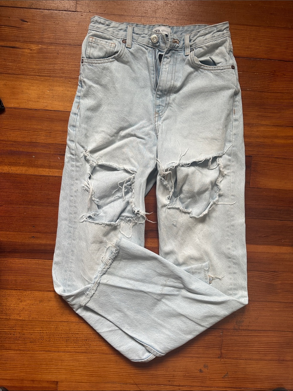 Zara Distressed High Rise Light Wash Relaxed Jeans
